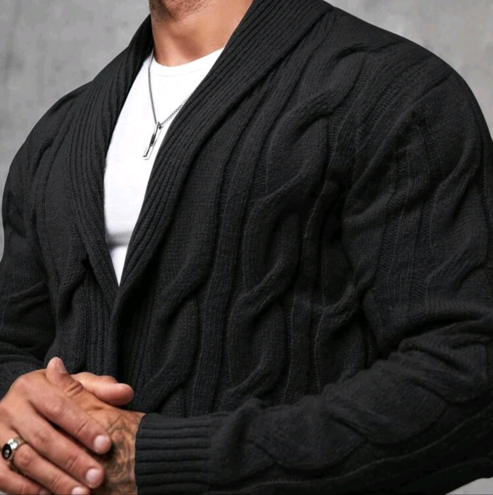 Men Shawl Collar Cable Knit Cardigan - Picture 3 of 6